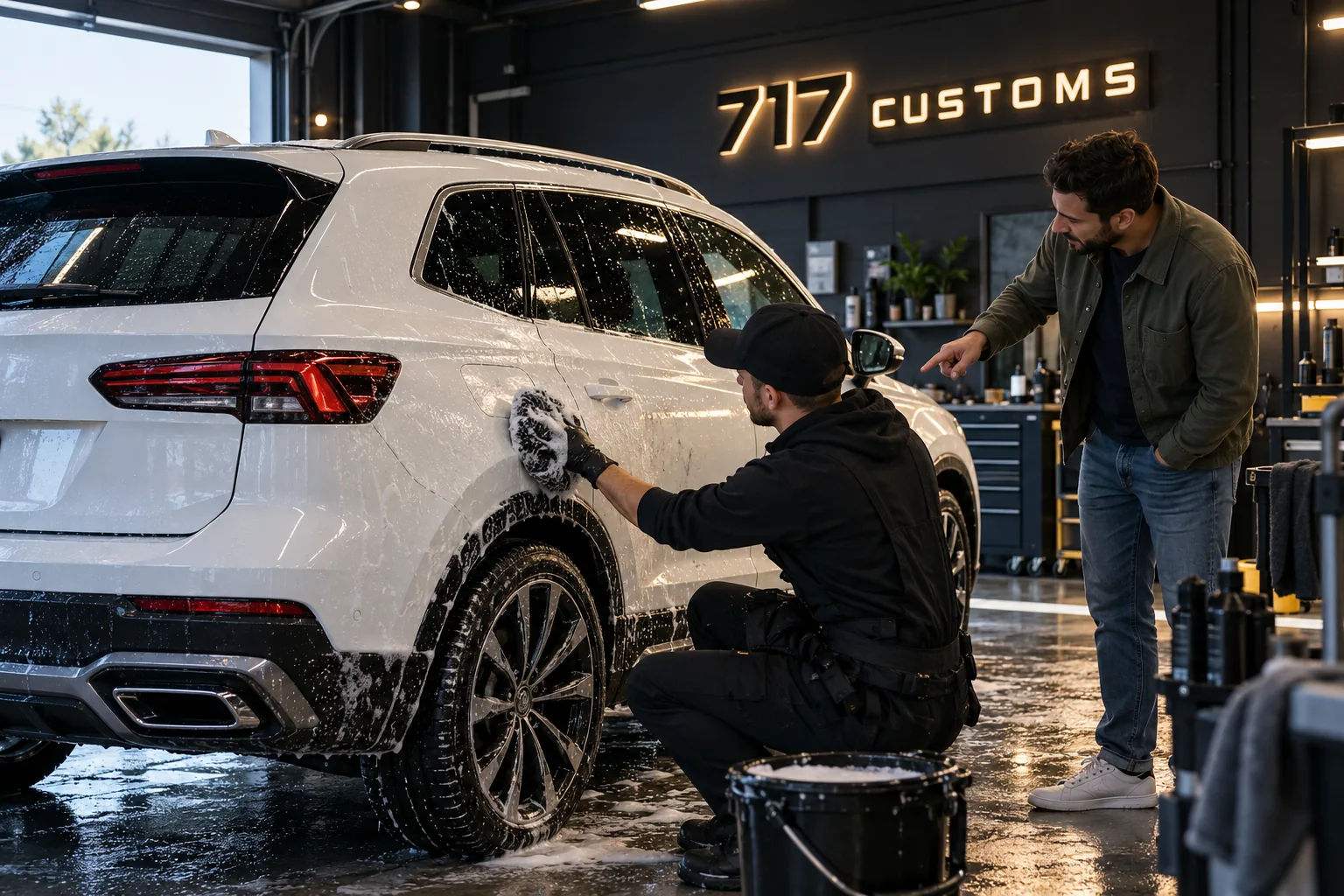 Иллюстрация: мастер моет белый SUV рядом с владельцем, вывеска 717 Customs находится на стене